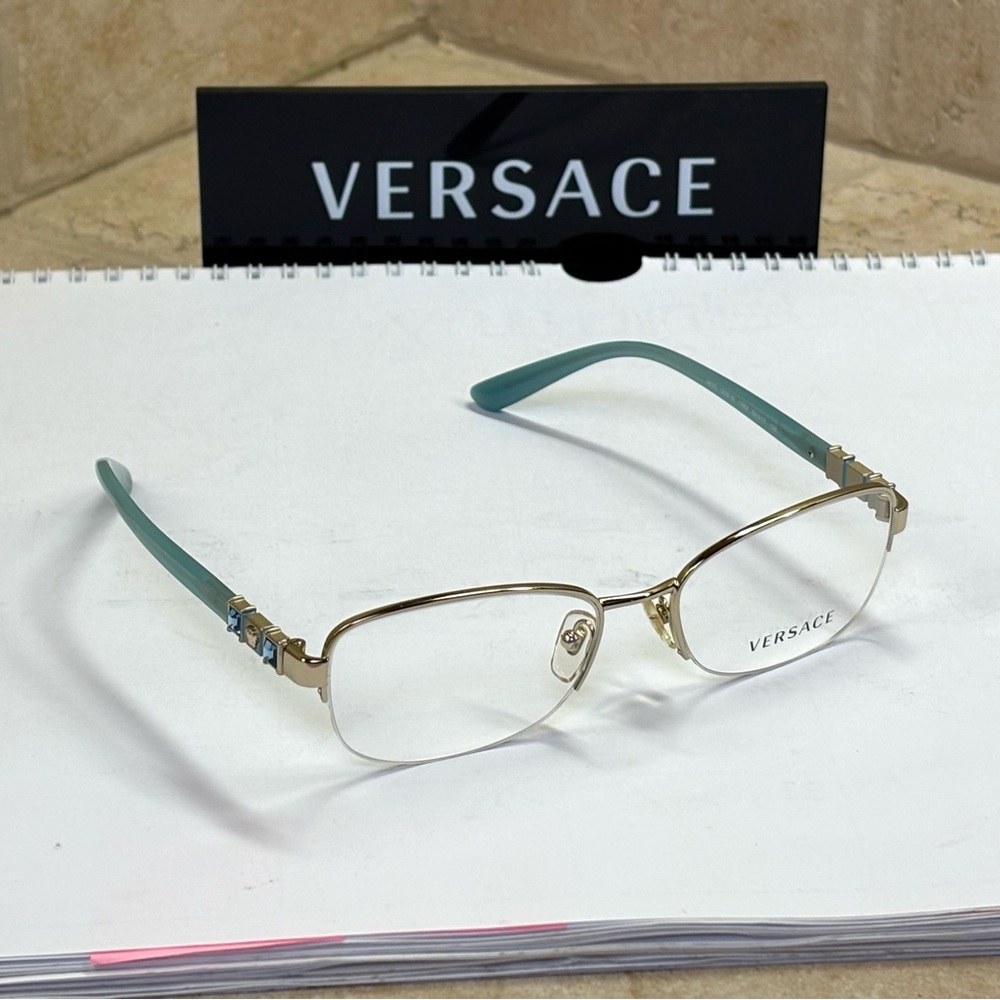 New Versace MOD 1230-B 1362 Gold and Aquamarine Half Rim Optical frame